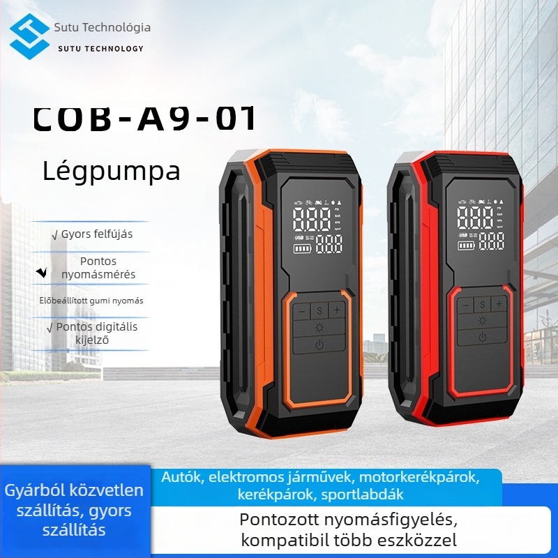 Hordozható autógumi inflátor digitális kijelzővel, kézi használatú, USB-tápellátás és vezeték nélküli töltés
