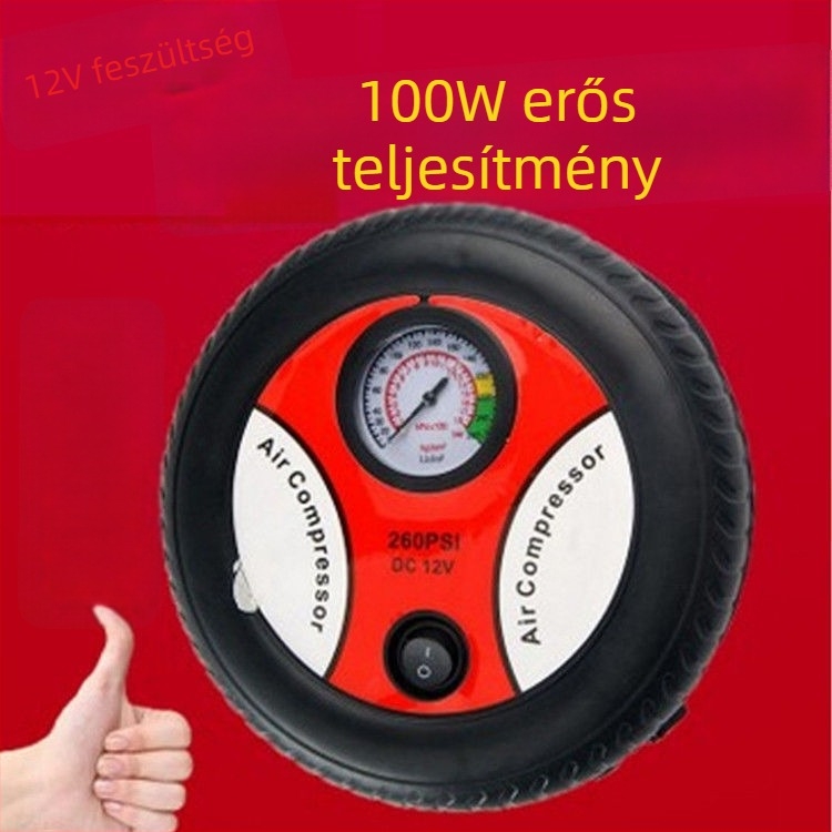 Hordozható 12V-os autógumi pumpa nyomásmérővel és figyelmeztető fénnyel, elektromos magasnyomású pumpa, 220W