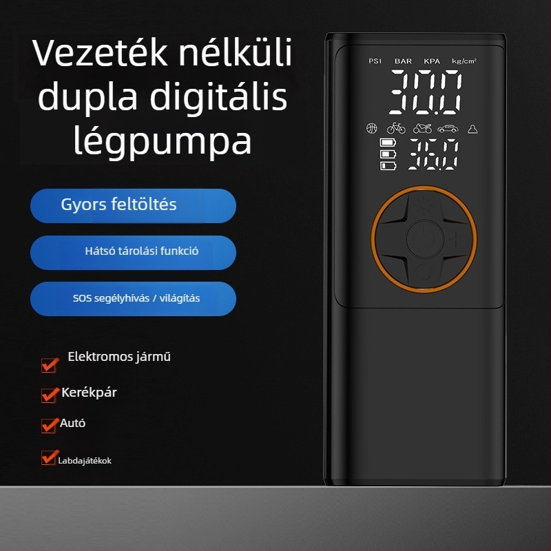 Vezeték nélküli autó- és kerékpár-felfújó — hordozható, alumínium ötvözet, 7.4V, <80W, Type-C tápegység, Digitális kijelző