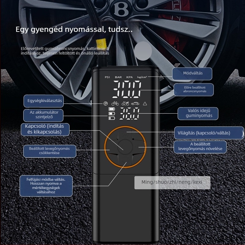 Vezeték nélküli autó- és kerékpár-felfújó — hordozható, alumínium ötvözet, 7.4V, <80W, Type-C tápegység, Digitális kijelző