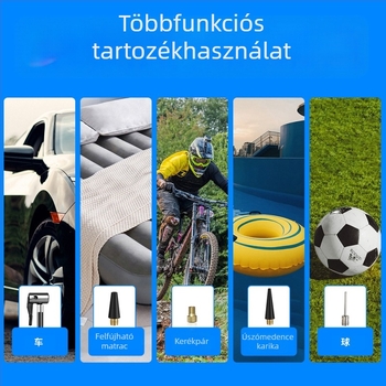 Autó- és motorkerékpárhoz használható légpumpa USB tápegységgel, 12V, 100W, digitális kijelző, gumiabroncsnyomás-mérő, LED világítás, riasztó lámpa, 25 L/min, 31 cm hosszú fúvócső, levehető energiaforrás