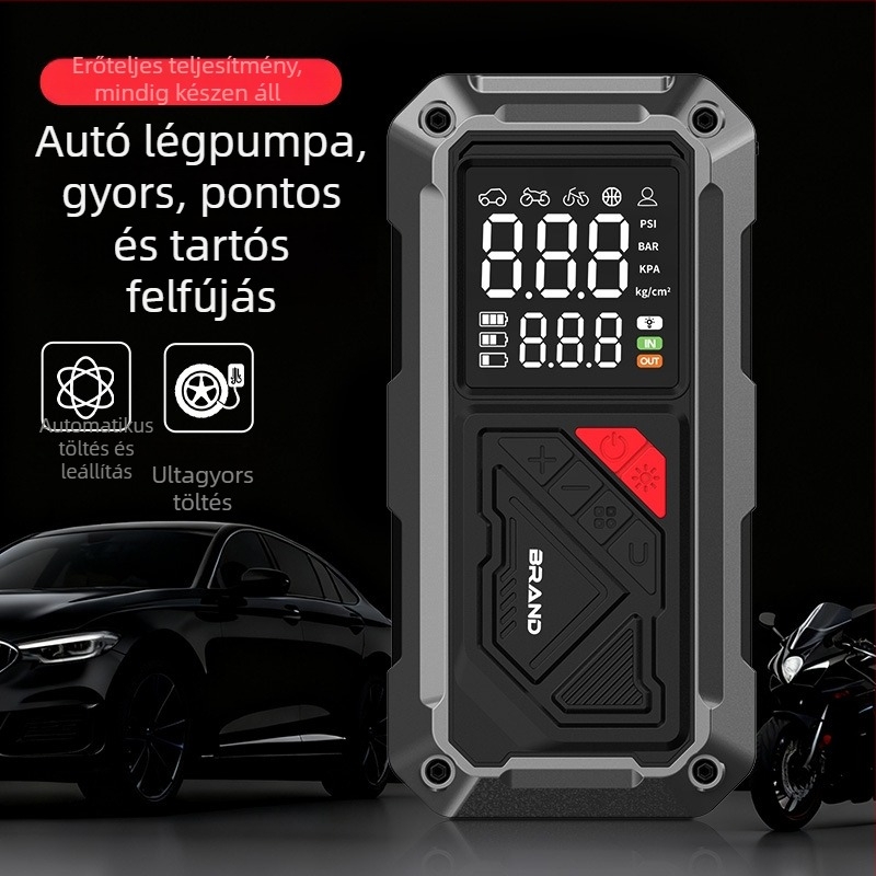 Hordozható autó légpumpa vészenergia-ellátással és USB töltéssel, 12V, 25 L/perc