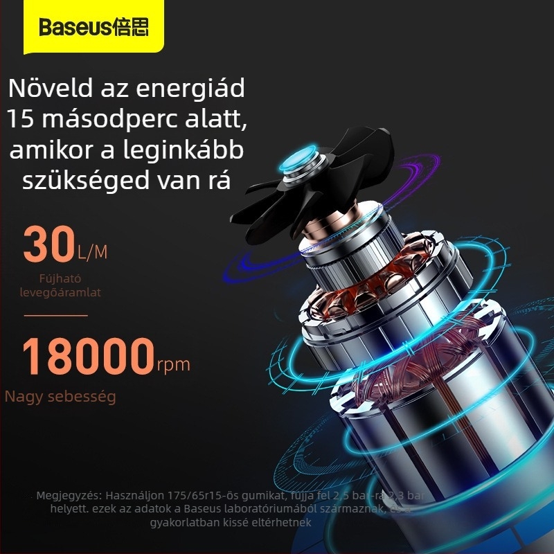 Baseus Mini hordozható autó légpumpa, autókhoz és EV-khez (12V, 30 L/min, Digitális kijelző, 450 g, 5–20 perc működés)