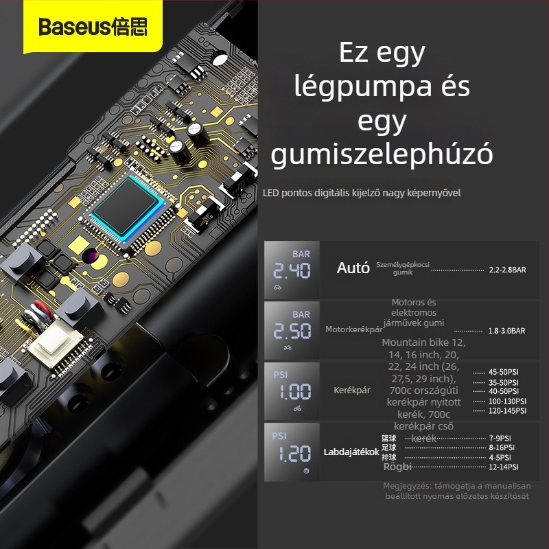 Baseus Mini hordozható autó légpumpa, autókhoz és EV-khez (12V, 30 L/min, Digitális kijelző, 450 g, 5–20 perc működés)