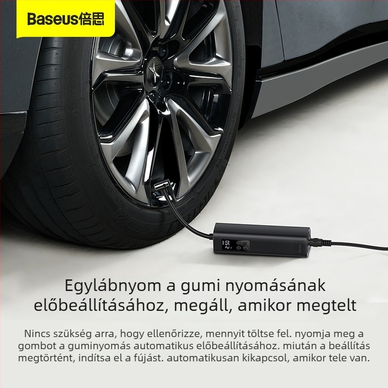Baseus Mini hordozható autó légpumpa, autókhoz és EV-khez (12V, 30 L/min, Digitális kijelző, 450 g, 5–20 perc működés)