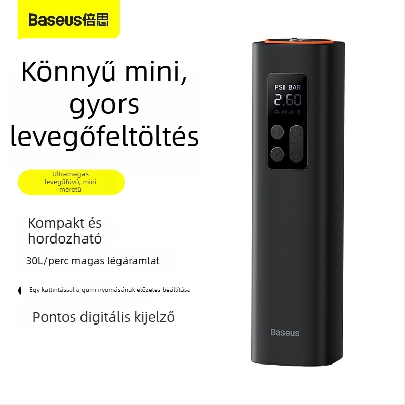 Baseus Mini hordozható autó légpumpa, autókhoz és EV-khez (12V, 30 L/min, Digitális kijelző, 450 g, 5–20 perc működés)