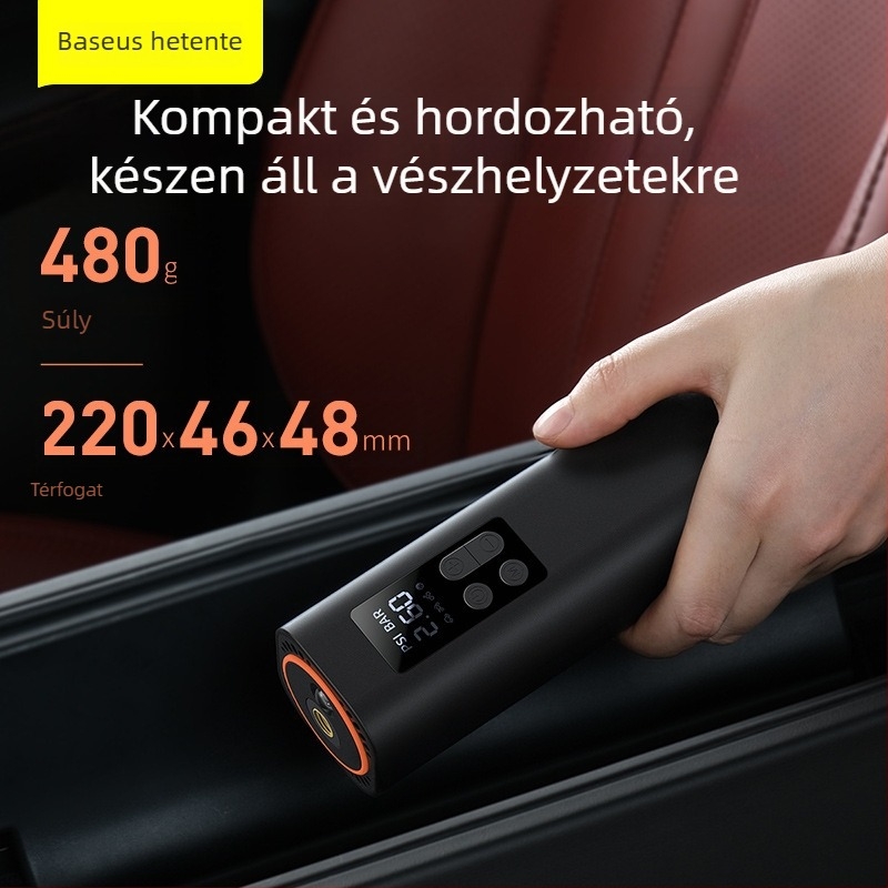 Baseus Mini hordozható autó légpumpa, autókhoz és EV-khez (12V, 30 L/min, Digitális kijelző, 450 g, 5–20 perc működés)