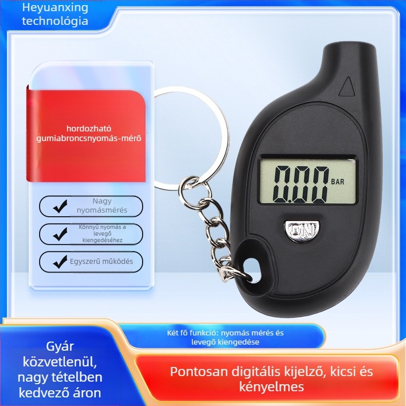 Mini gumiabroncsnyomás-mérő kulcstartóval – hordozható, digitális LCD kijelző háttérvilágítással, 0–150 PSI, pontosság ±0.01, egységek PSI/BAR/KPA/kg/cm3, ABS ház, gombelem-akkumulátor