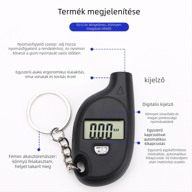Mini gumiabroncsnyomás-mérő kulcstartóval – hordozható, digitális LCD kijelző háttérvilágítással, 0–150 PSI, pontosság ±0.01, egységek PSI/BAR/KPA/kg/cm3, ABS ház, gombelem-akkumulátor