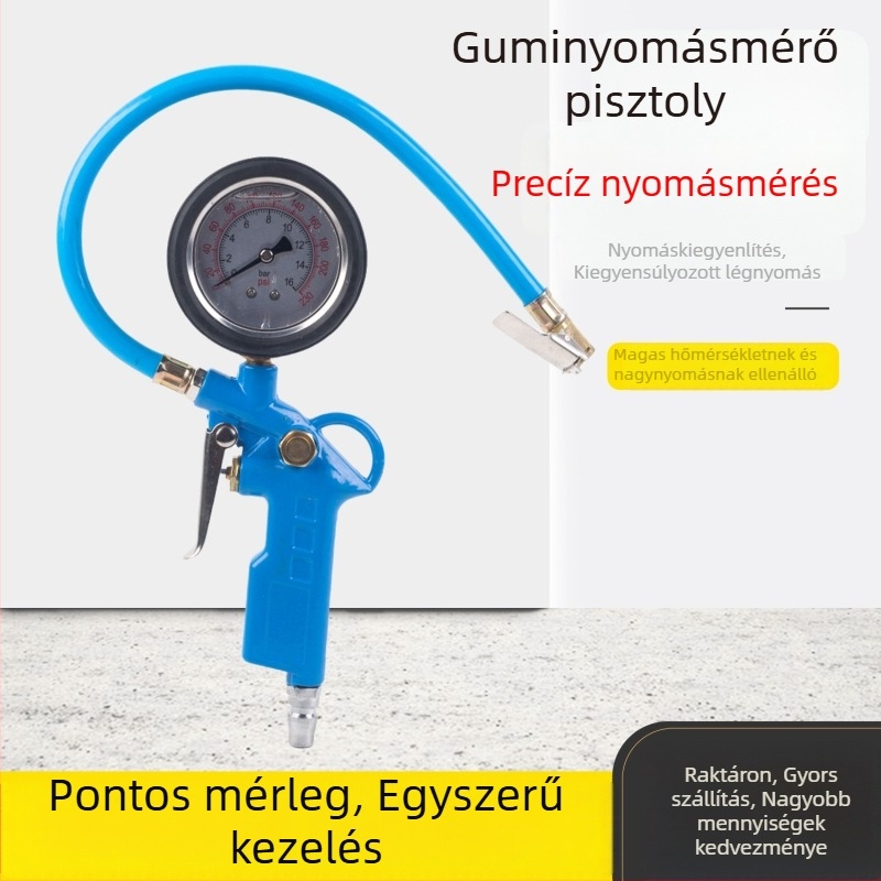 Kék digitális guminyomásmérő beépített fúvóval – személyautók gumiabroncsaihoz