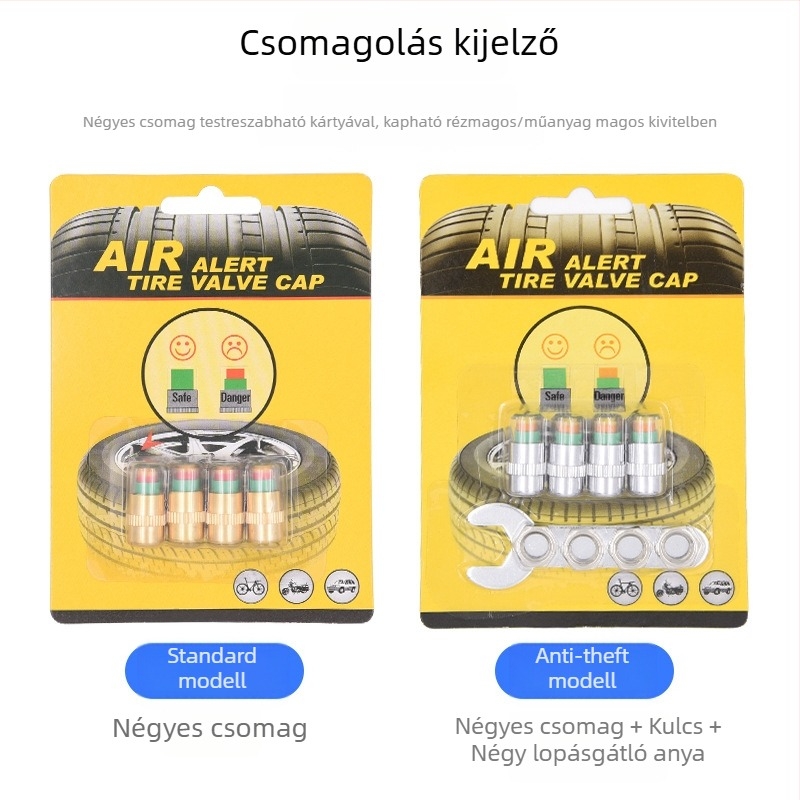 Gumiabroncsnyomás sapka lopás elleni védelemmel és vizuális megfigyeléssel, GL-0851, réz és ötvözet műanyag, 28–48 psi