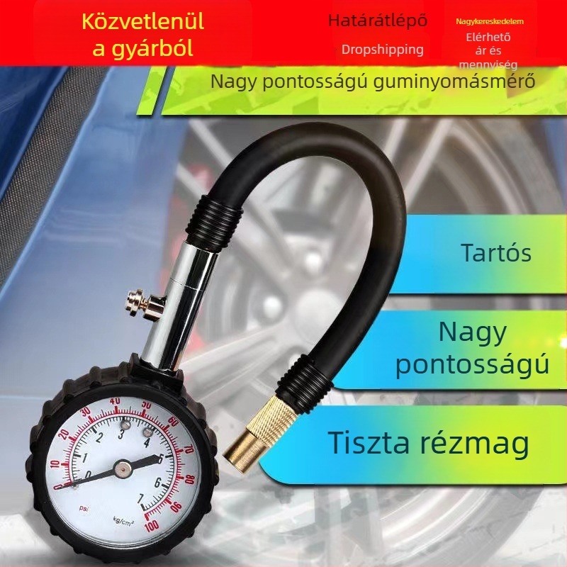 Magas pontosságú autógumi nyomásmérő hosszú tömlővel, többfunkciós mechanikus mérő, leeresztő funkcióval