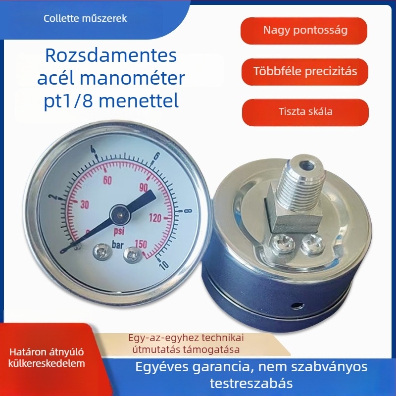 Y40 rozsdamentes acél nyomásmérő, axiális menet PT1/8 csatlakozás, 304 rugós cső, 316-os nyomás- és víznyomás kiegészítők
