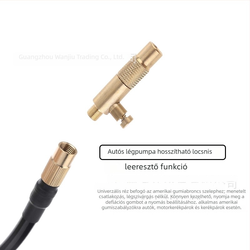 Gumiabroncs-felfújócsatlakozó, menetes, kiürítési funkcióval, rézanyagú, 180W, egyhengeres típus, guminyomásmérő és mutatós kijelző