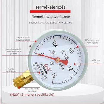 Red Flag Y-100 vákuumnyomásmérő, 0–1.6 MPa tartomány, 100 mm átmérő, csatlakozás M20×1.5