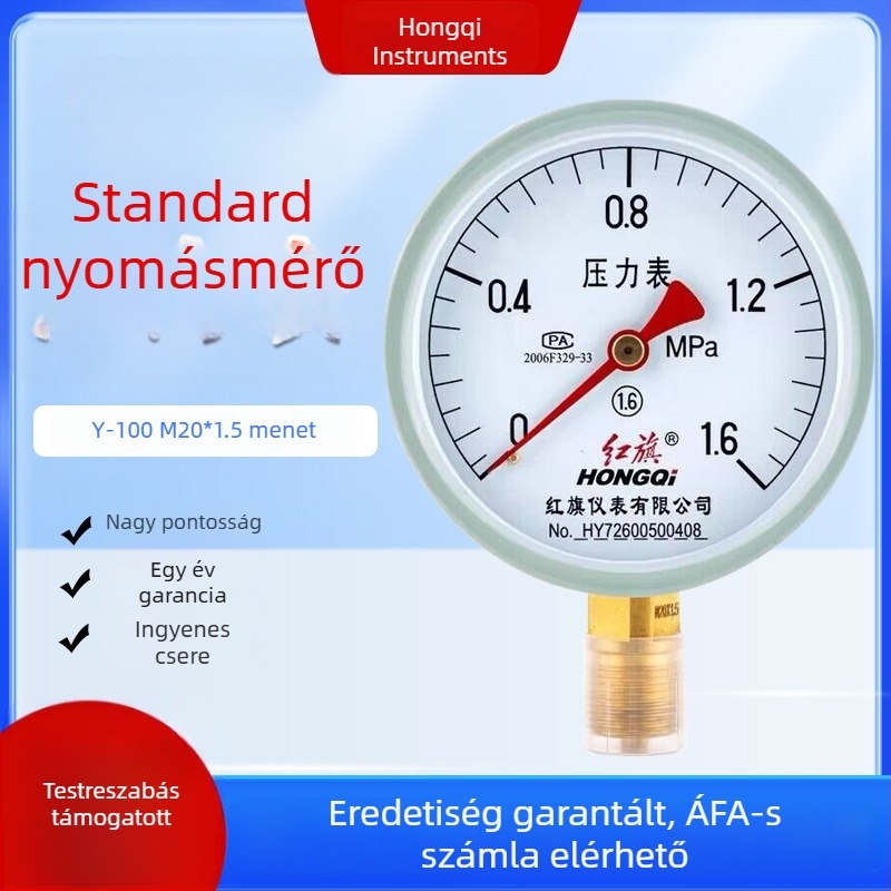 Red Flag Y-100 vákuumnyomásmérő, 0–1.6 MPa tartomány, 100 mm átmérő, csatlakozás M20×1.5