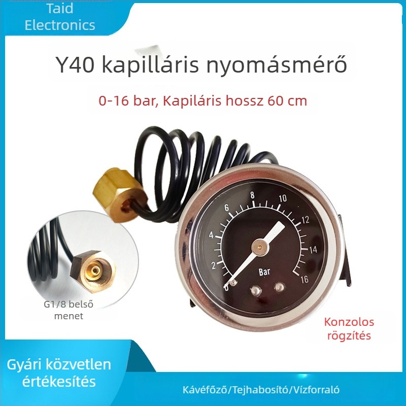 Kávéfőző nyomásmérő vas burkolattal, 16 bar, kapilláriscső tartó, Y40 modell, gőzgenerátor csillapító levegőnyomásmérő