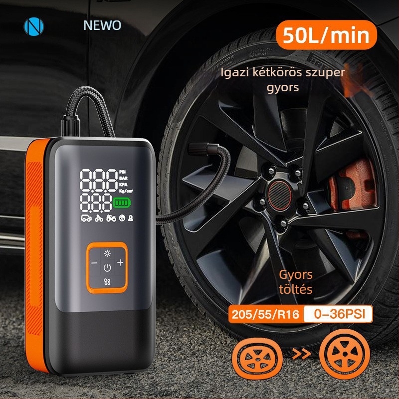 Hordozható, vezeték nélküli kéthengeres autó légpumpa — 12V, 100W, 50 cm tömlő, digitális kijelző