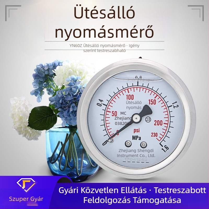 YN60Z Rozsdamentes acél nyomásmérő, axiális kivitel, menet M14×1.5, Ø60 mm, ütésálló, hidraulikus, olaj- és vízrendszerekhez