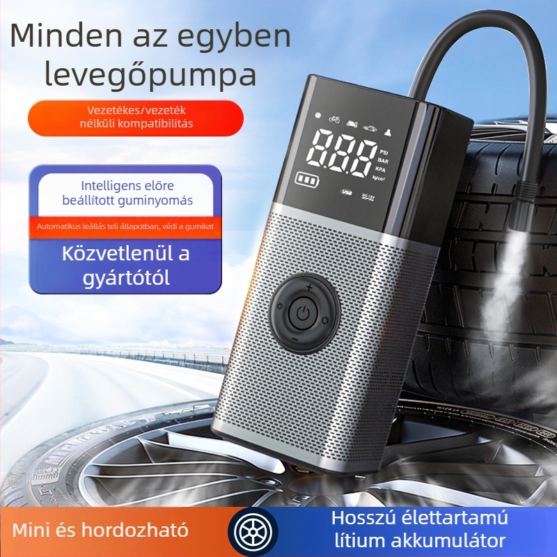 Vezeték nélküli autós gumiabroncs-felfújó digitális kijelzővel, nagy teljesítményű, hordozható világítással, légáram 25 L/perc
