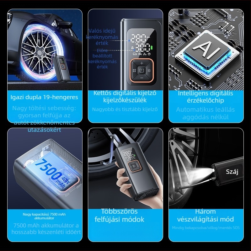 Vezeték nélküli autó légpumpa, dupla 19-hengeres, hordozható 130W inflátor, 7500mAh Type-C töltéssel, 40 L/perc, autókhoz, motorkerékpárokhoz, elektromos járművekhez, kerékpárokhoz, digitális kijelzővel