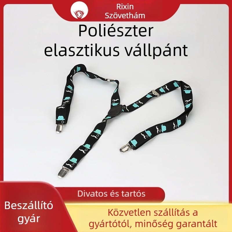 Uniszex háromszög alakú rugalmas vállpántok poliészterből, állítható hosszúság, 3 csipesz, szitanyomás