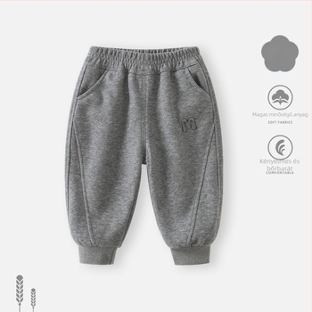 Fiúknak 1–3 éveseknek készült fleece béléses casual melegítőnadrág, 50% pamut, középső derékú elasztikus szegéllyel, hosszú nadrág, téli modell 2025