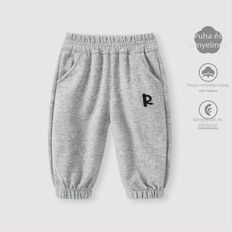 Fiúknak 1–3 éveseknek készült fleece béléses casual melegítőnadrág, 50% pamut, középső derékú elasztikus szegéllyel, hosszú nadrág, téli modell 2025