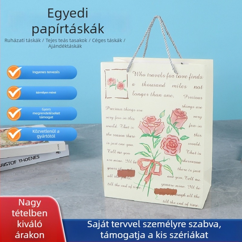 Ajándéktáska kraft papírból, kézitáska formájú, forró nyomtatás és laminálás, logónyomtatás, alkalmas ajándékokra