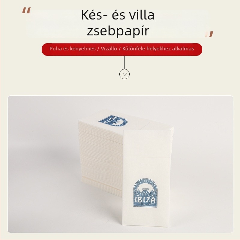 Evőeszközökhöz való szalvétapapír, egy rétegű, 50 lap, virgin cellulóz, prémium osztály, illatmentes, testreszabott feldolgozás, logó nyomható