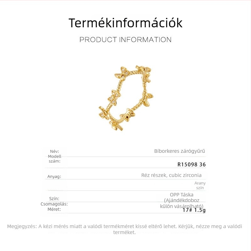 Pillangó alakú gyűrű, könnyed luxus stílus, csavarodott vonalakkal, 14K aranyozott rézből, zárt gyűrű nőknek