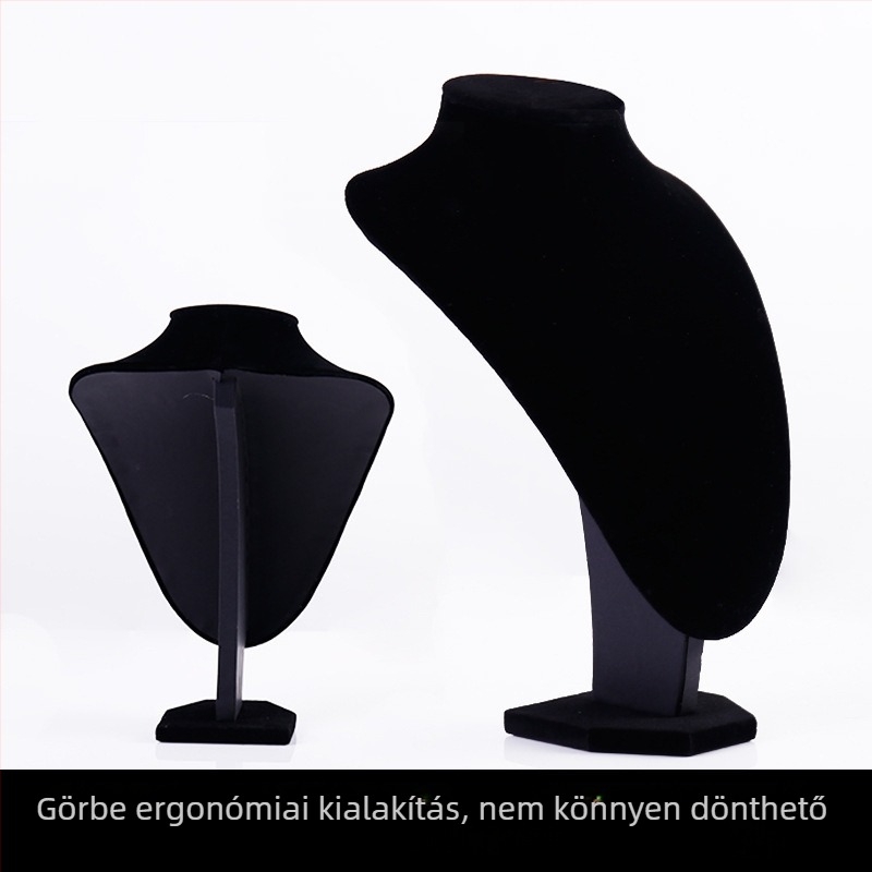 Nyaklánc kiállító polc velúr burkolattal és flanel alapú, portré nyak formájú dizájn, egylapos konstrukció
