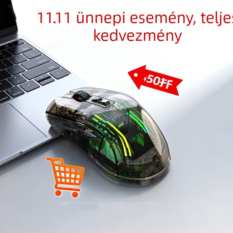 Átlátszó vezeték nélküli gaming egér kettős móddal (2.4G + Bluetooth), 4000 DPI, 7 gomb, újratölthető