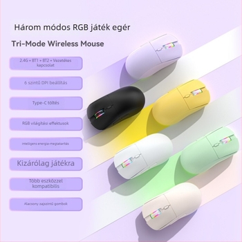 Három módú optikai egér USB-kábeles, 2.4G és Bluetooth kapcsolattal; újratölthető; akár 12000 DPI; 6 gomb