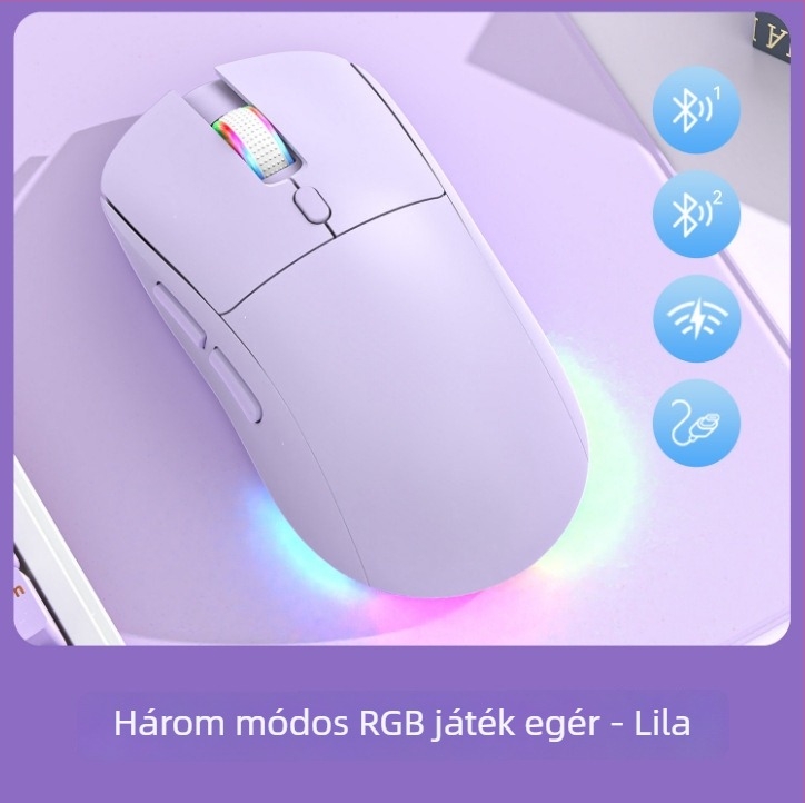 Három módú optikai egér USB-kábeles, 2.4G és Bluetooth kapcsolattal; újratölthető; akár 12000 DPI; 6 gomb