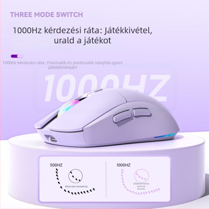 Három módú optikai egér USB-kábeles, 2.4G és Bluetooth kapcsolattal; újratölthető; akár 12000 DPI; 6 gomb