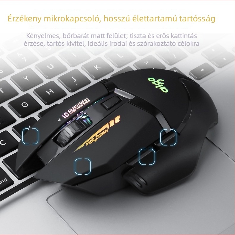 Q826 játék egér USB-kábeles, 2400 DPI, 6 gomb, ergonómikus kialakítás