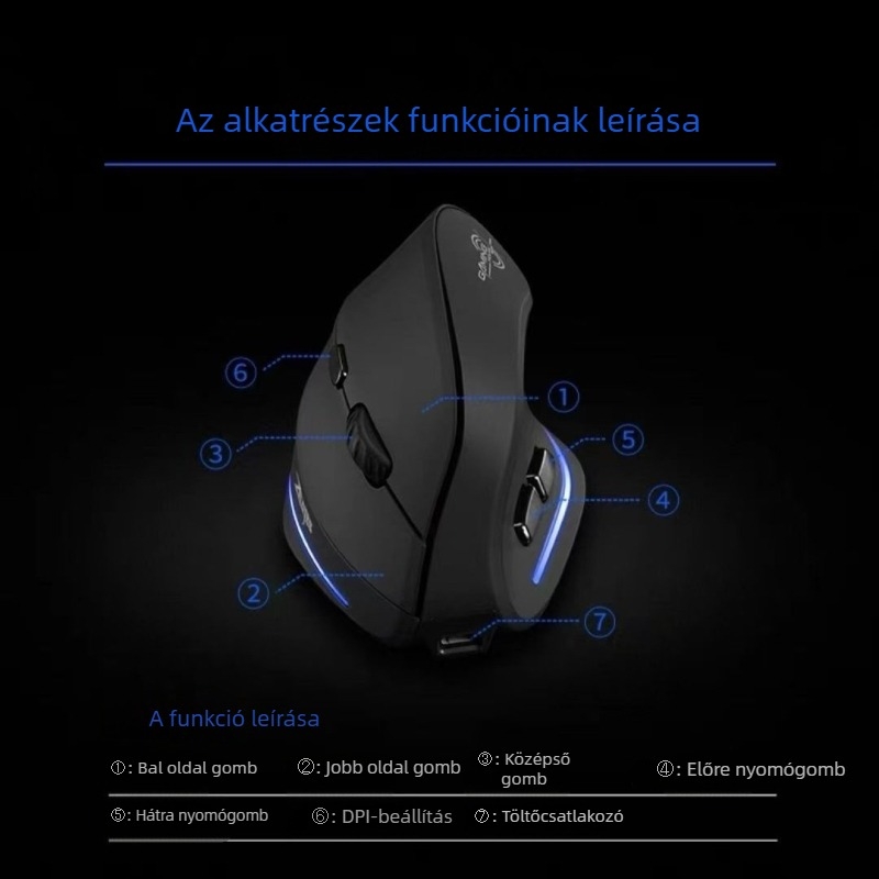 Vezeték nélküli ergonomikus függőleges egér, 2400 DPI, 6 gomb, USB interfész, 2,4 GHz