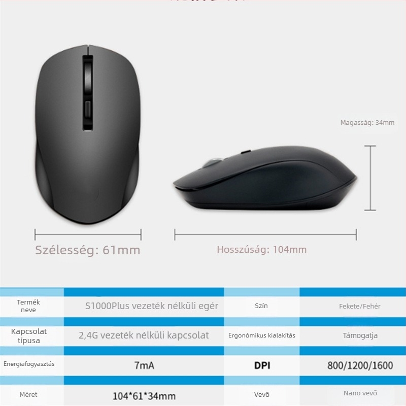S1000 Vezeték nélküli egér laptop/iroda - 2.4GHz, 1600 DPI, USB, 4 gomb, ergonomikus kialakítás