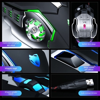 Thunderwolf V6 vezetékes mechanikus gaming egér, 3200 DPI, 6 gomb, makróprogramozás, ergonomikus kialakítás