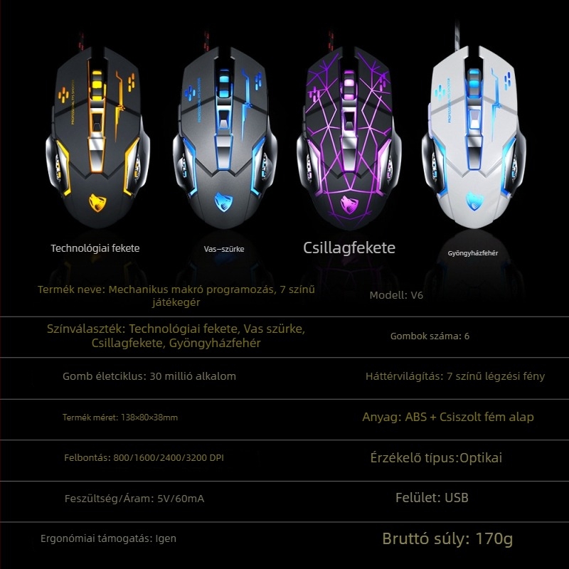 Thunderwolf V6 vezetékes mechanikus gaming egér, 3200 DPI, 6 gomb, makróprogramozás, ergonomikus kialakítás