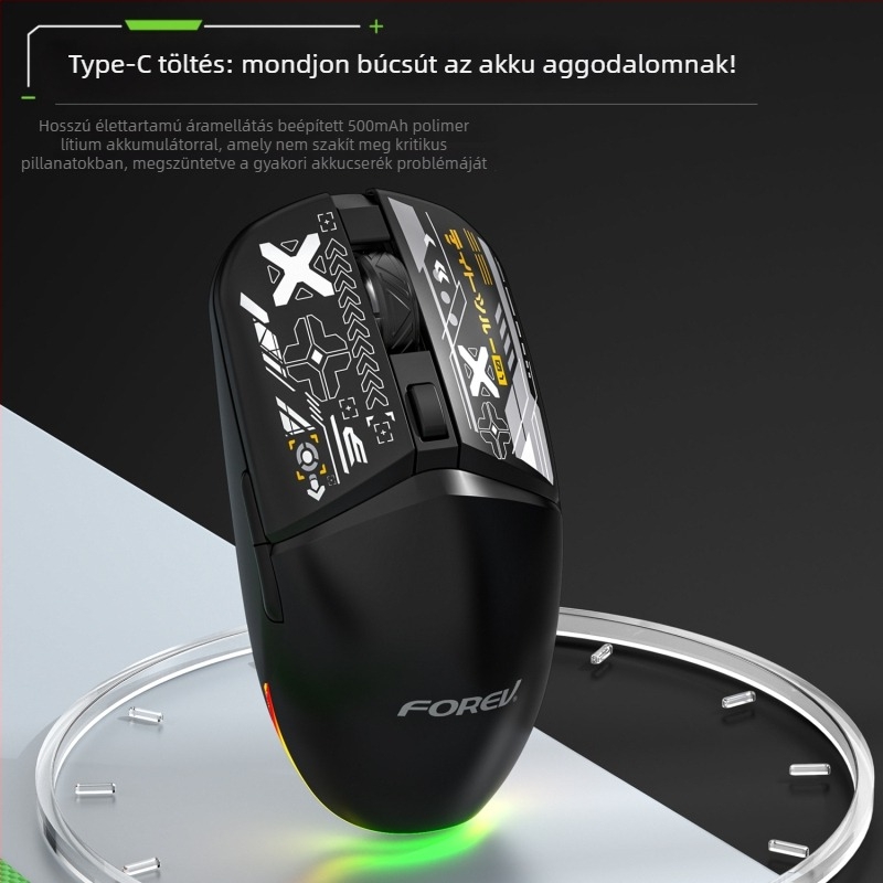 Optikai egér duál Bluetooth és 2,4 GHz-es vezeték nélküli módokkal, RGB megvilágítás, ergonómikus kialakítás, 1600 DPI, USB-C töltéssel feltölthető