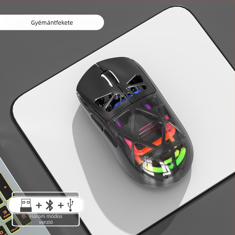Optikai egér duál Bluetooth és 2,4 GHz-es vezeték nélküli módokkal, RGB megvilágítás, ergonómikus kialakítás, 1600 DPI, USB-C töltéssel feltölthető