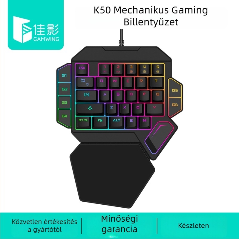 K50 játékbillentyűzet, mechanikus kapcsolók, 39 gomb, vezetékes USB, RGB háttérvilágítás