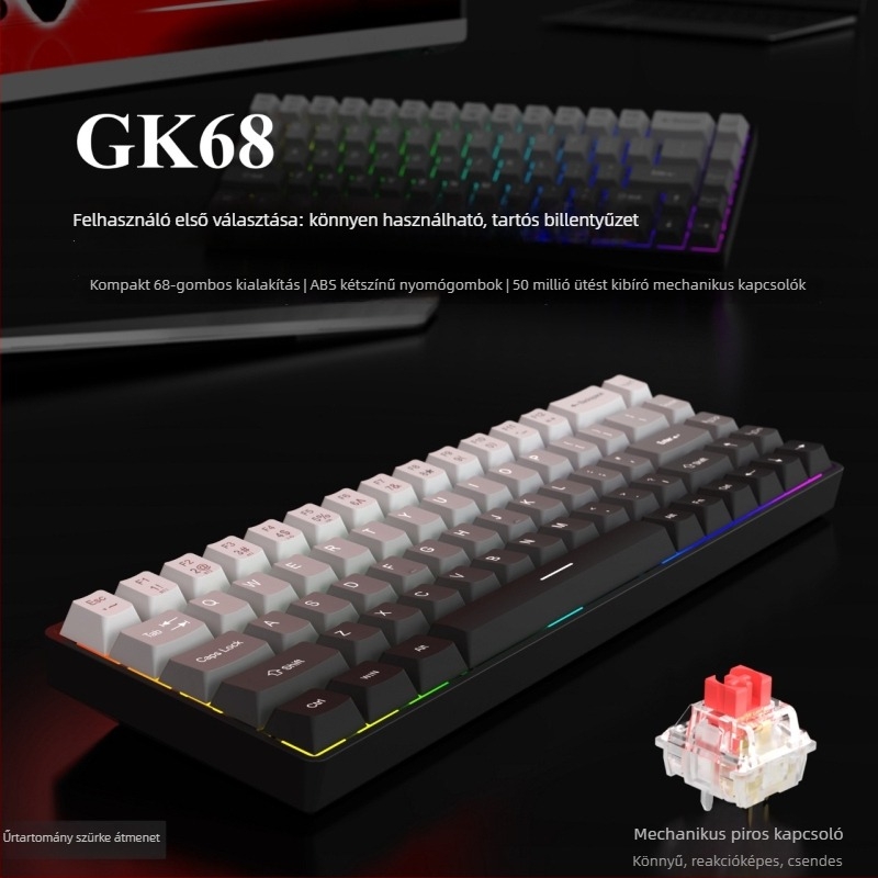 68 billentyűs gamer billentyűzet, USB-kábeles, piros kapcsolóval, vízálló