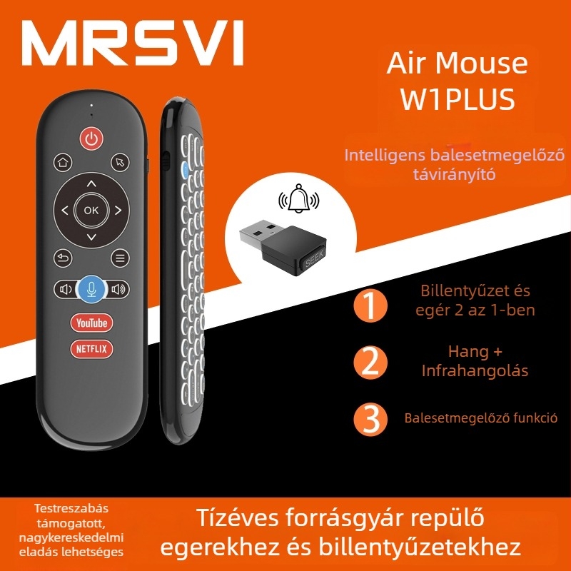 W1 PLUS Intelligens hangalapú távirányító vezeték nélküli kétoldalas mini billentyűzettel és egérrel (USB, IR-tanulás, 10 m hatótáv)