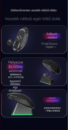 Vezeték nélküli egér töltőalap – kompatibilis a Razer Naga V2, a Logitech GPW, G502 és G703 egerekkel; modell 5V500, USB-kábel 1 m, 2019-ben megjelent.