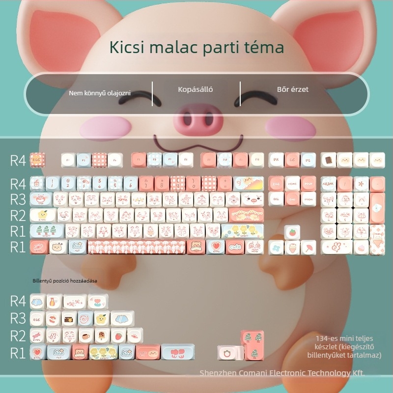 Keycaps mechanikus billentyűzetekhez – alacsony profil, Pigman Party téma, PBT anyag, ötoldalú Dye-sublimációs nyomtatás, univerzális kompatibilitás