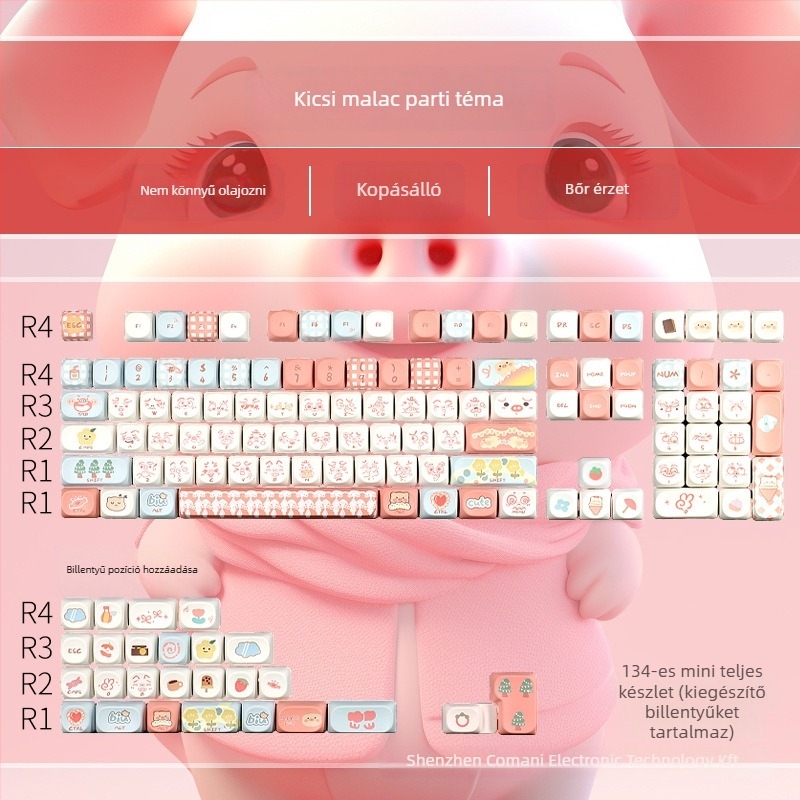 Keycaps mechanikus billentyűzetekhez – alacsony profil, Pigman Party téma, PBT anyag, ötoldalú Dye-sublimációs nyomtatás, univerzális kompatibilitás