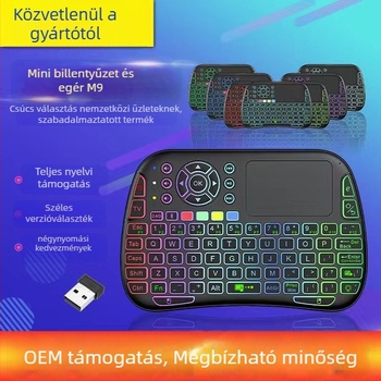 M9 mini vezeték nélküli billentyűzet érintőpad és IR tanuló távirányítóval – 88–98 billentyű, vezeték nélküli kapcsolat, RGB háttérvilágítás